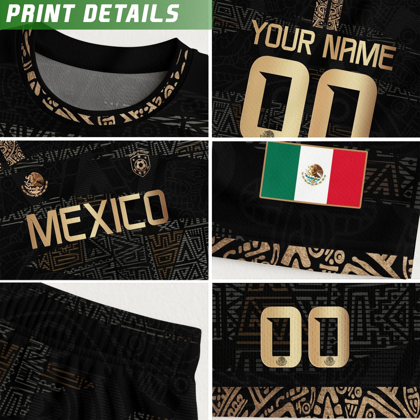 Custom Mexico Soccer Jersey Black Gold Aztec Design
