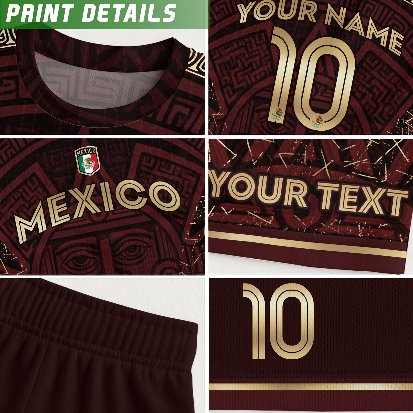 Custom Soccer Jersey Mexico Burgundy Gold Aztec Sun Design