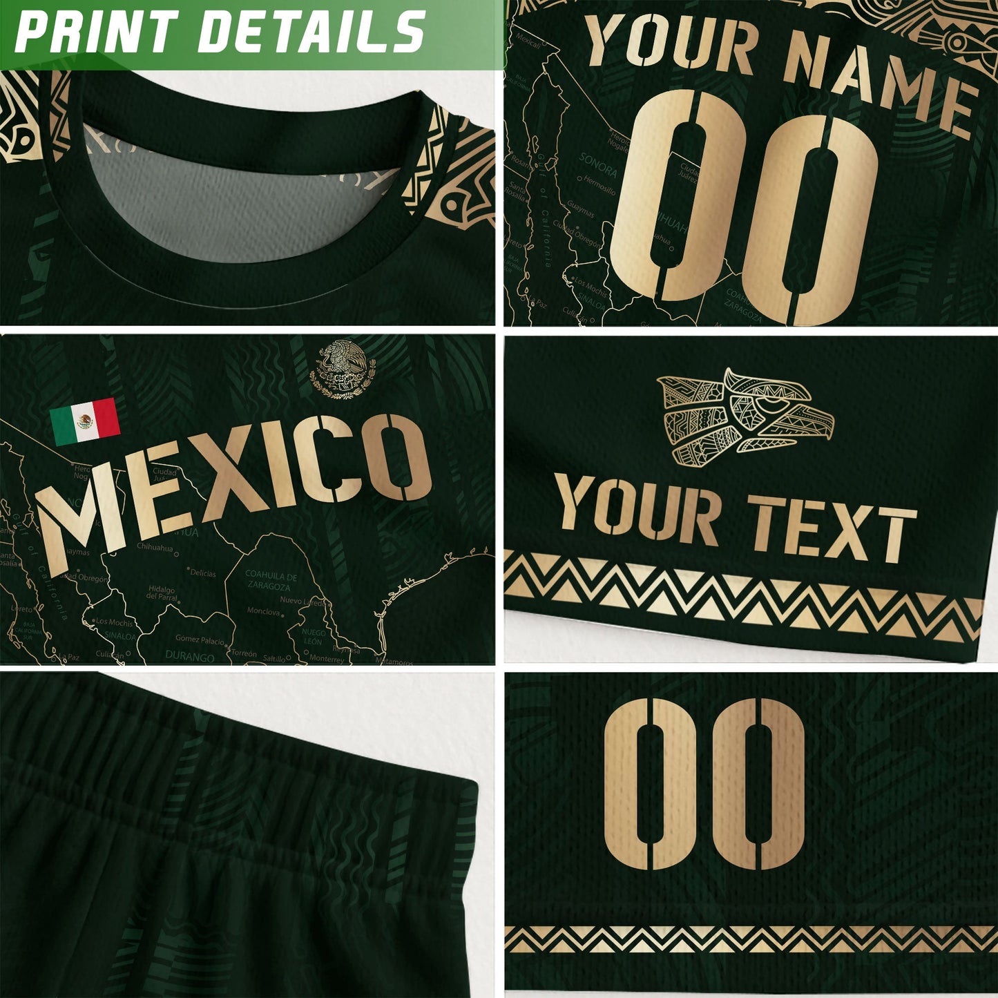 Custom Mexico Green Gold Map Aztec Heritage Soccer Jersey