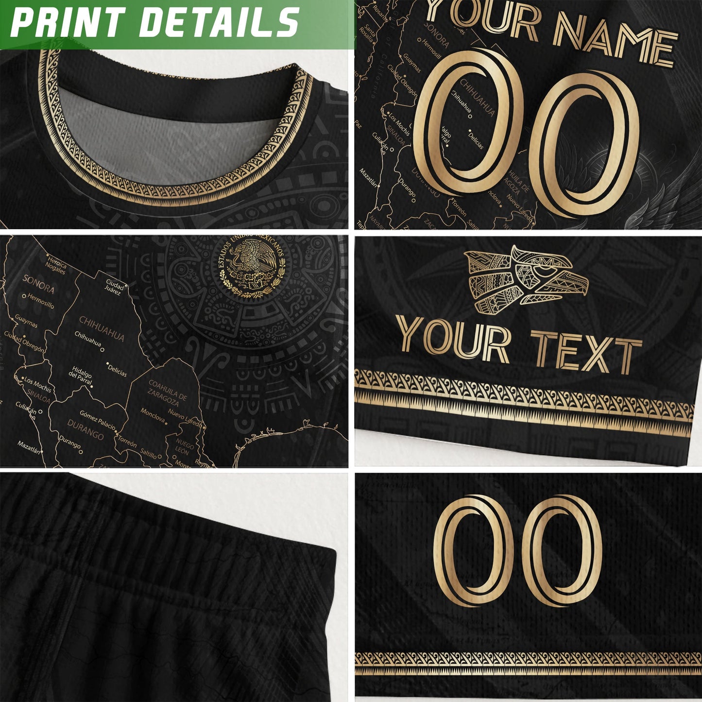 Custom Mexico Black Gold Map Aztec Eagle Heritage Soccer Jersey
