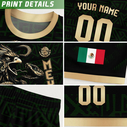 Custom Mexico Soccer Jersey Black Gold Aztec Eagle Design
