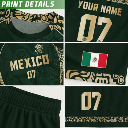 Custom Mexico Soccer Jersey Dark Green Gold Aztec Eagle Design
