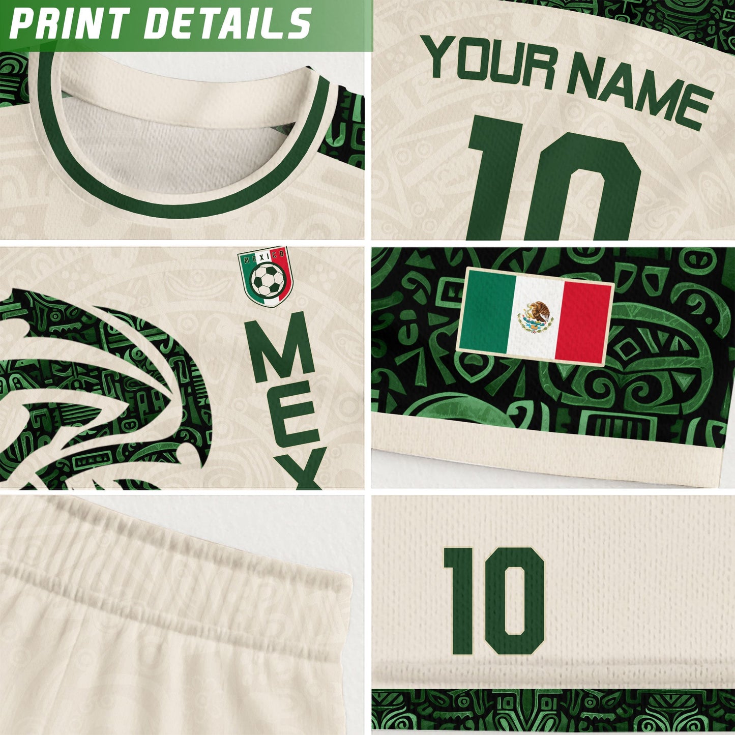 Custom Mexico Soccer Jersey Beige Green Aztec Design