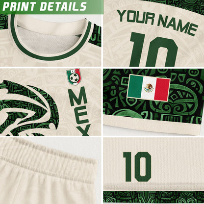 Custom Mexico Soccer Jersey Beige Green Aztec Design