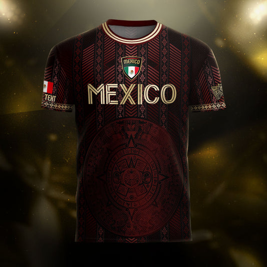 Custom Mexico Burgundy Soccer Jersey with Golden Aztec Calendar Design