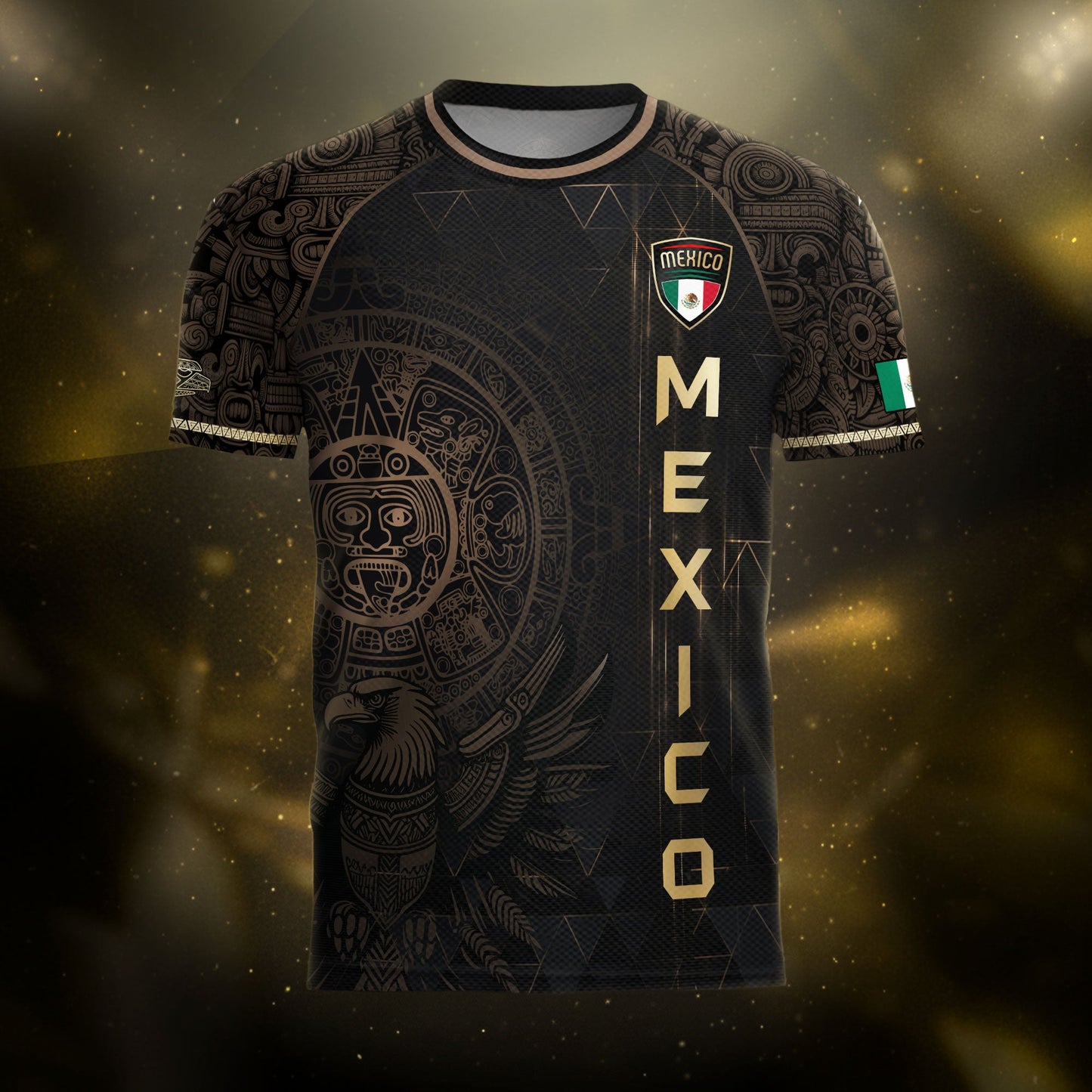 Mexico Soccer Jersey Black Gold Aztec Calendar & Eagle Emblem
