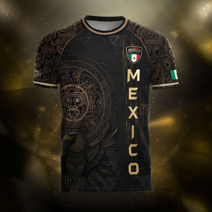 Mexico Soccer Jersey Black Gold Aztec Calendar & Eagle Emblem