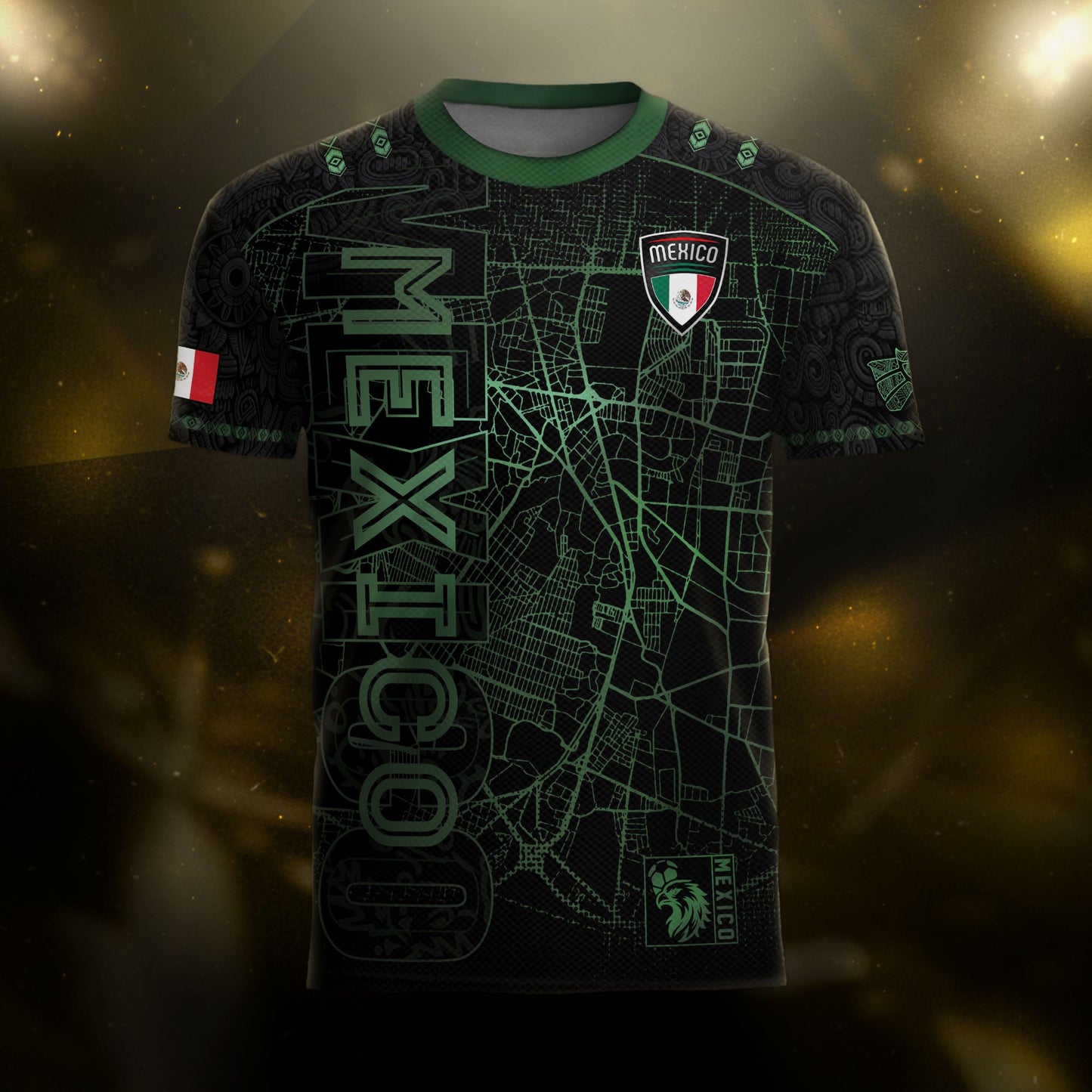 Mexico Soccer Jersey Black Green Map & Eagle Crest Design