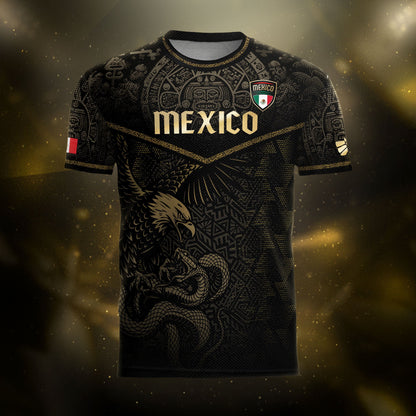Mexico Soccer Jersey Black Gold Eagle & Snake Aztec Design