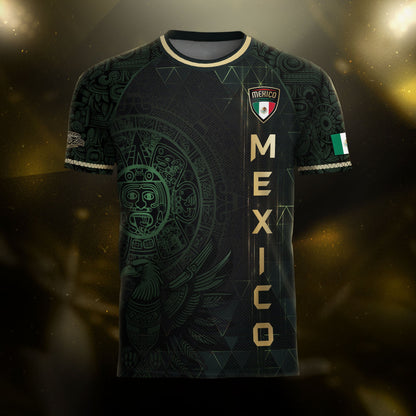 Mexico Soccer Jersey Dark Green Gold Aztec Calendar & Eagle Emblem