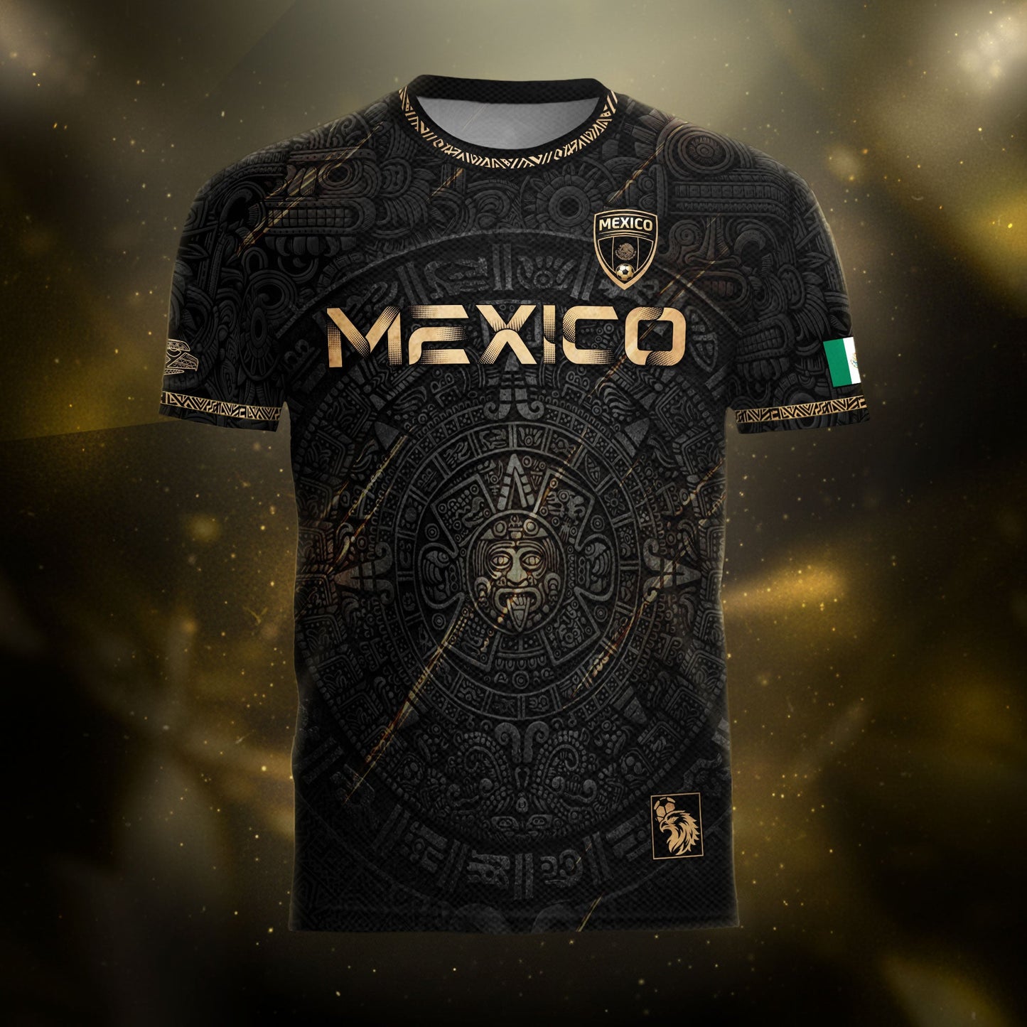 Mexico Black Gold Aztec Calendar Eagle Heritage National Football Soccer Jersey
