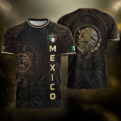 Mexico Soccer Jersey Black Gold Aztec Calendar & Eagle Emblem