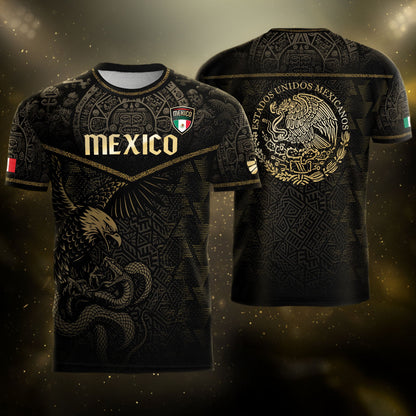 Mexico Soccer Jersey Black Gold Eagle & Snake Aztec Design