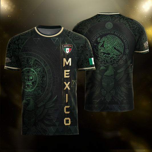Mexico Soccer Jersey Dark Green Gold Aztec Calendar & Eagle Emblem