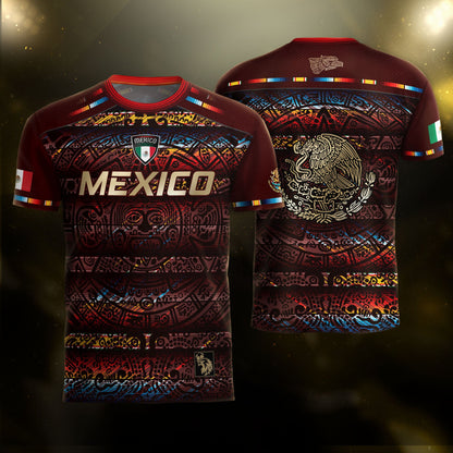 Mexico Soccer Jersey Red Multitone Aztec Calendar & Eagle Crest