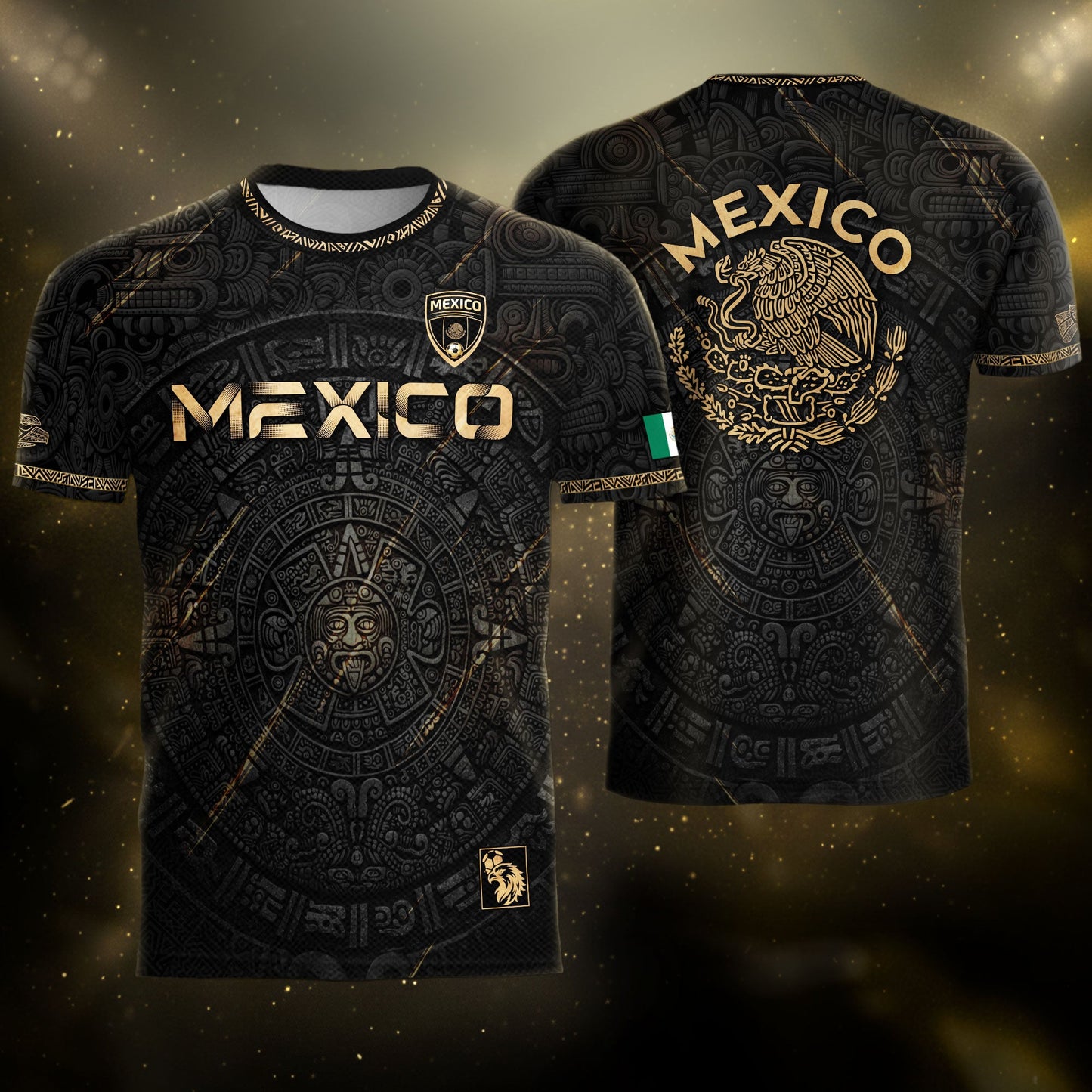 Mexico Black Gold Aztec Calendar Eagle Heritage National Football Soccer Jersey