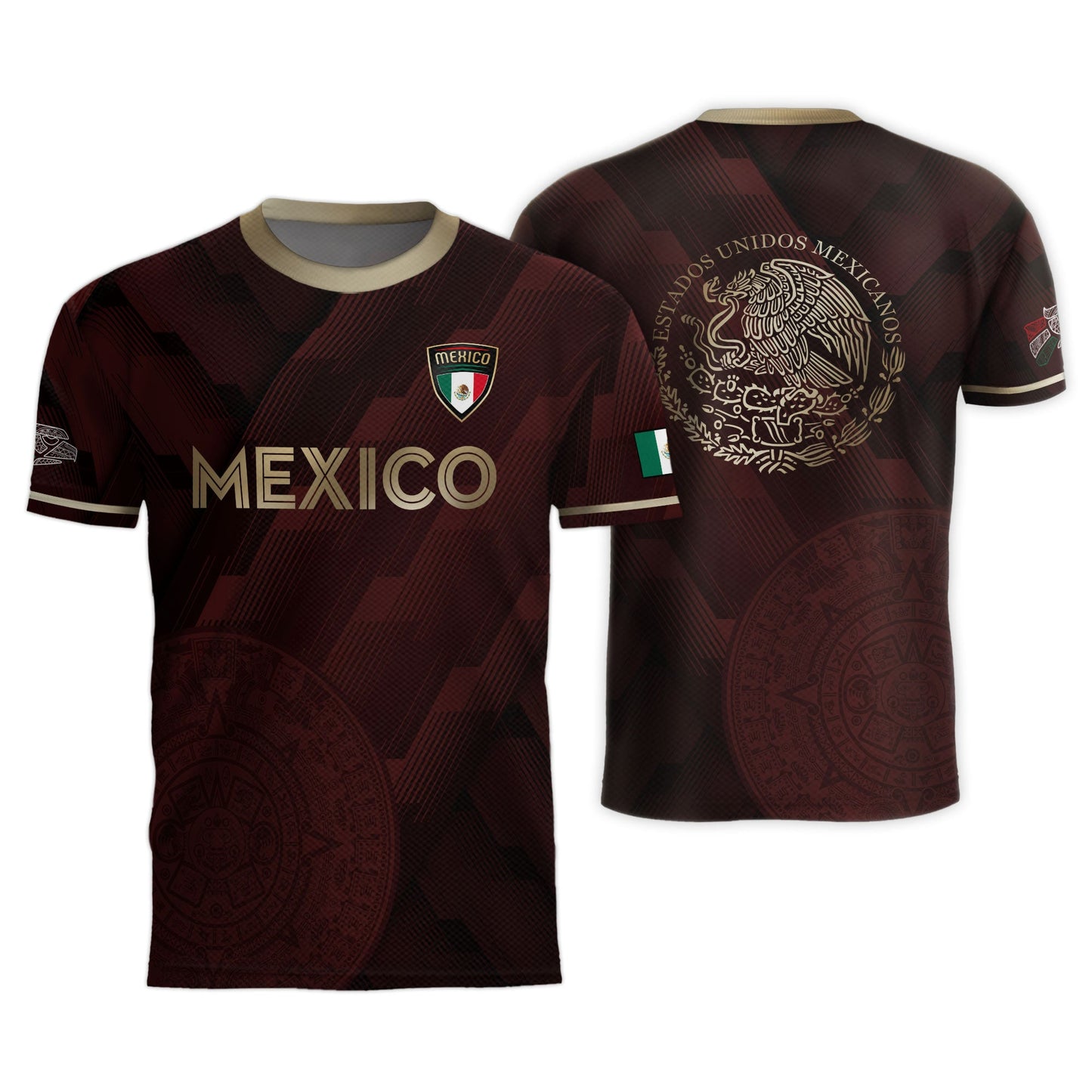 Mexico Burgundy Soccer Jersey with Golden Aztec Sunstone and Eagle Crest