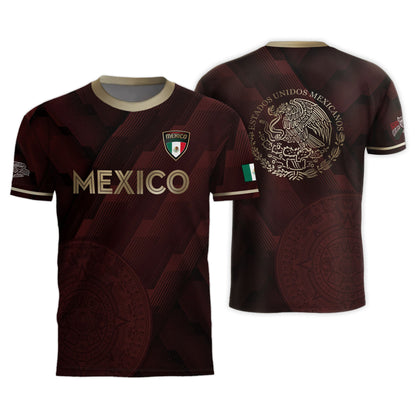 Mexico Burgundy Soccer Jersey with Golden Aztec Sunstone and Eagle Crest