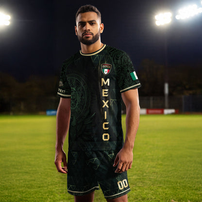 Custom Mexico Soccer Jersey Black Gold Heritage Aztec Calendar Design