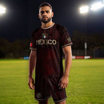 Mexico Burgundy Soccer Jersey with Golden Aztec Calendar and Eagle Crest