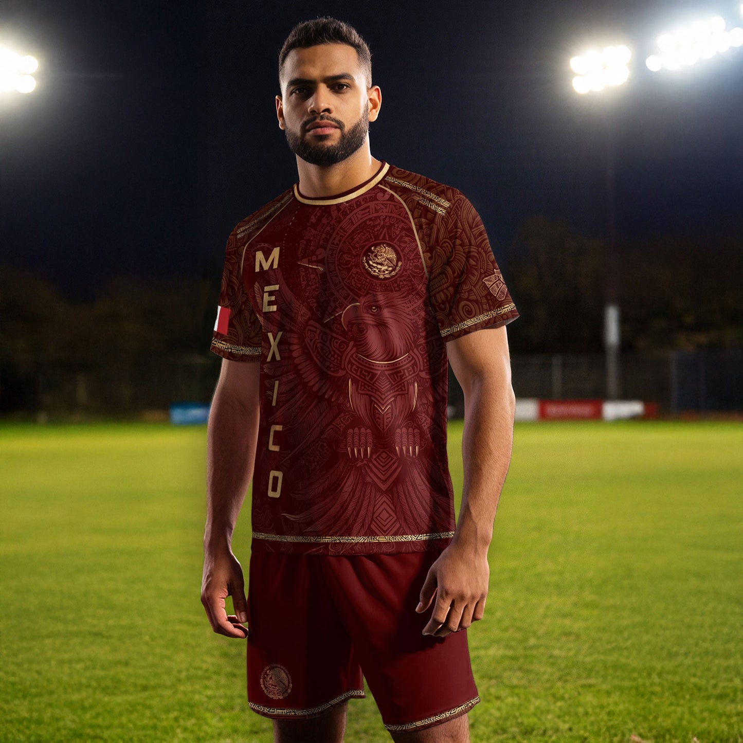 Mexico Soccer Jersey Red Gold Aztec Eagle & National Emblem