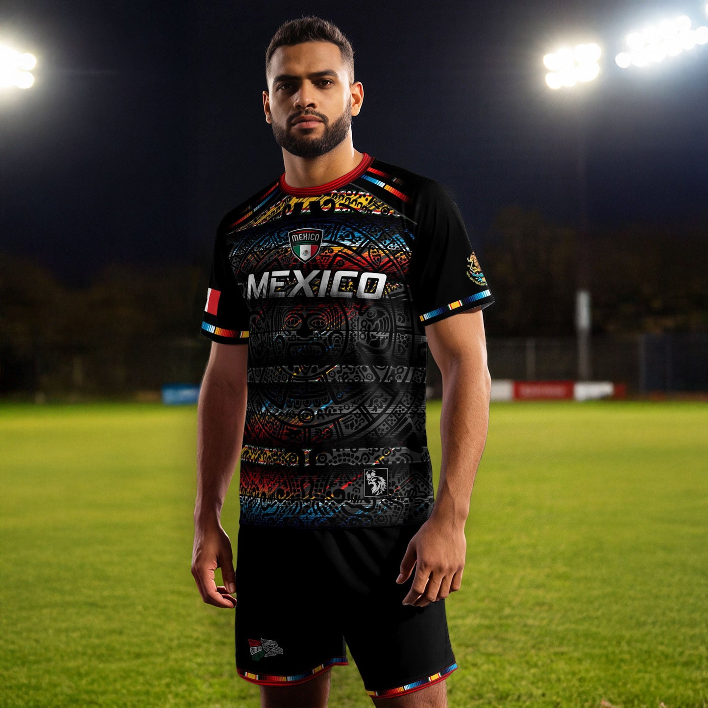 Mexico Soccer Jersey Black Aztec Calendar with Color Accents