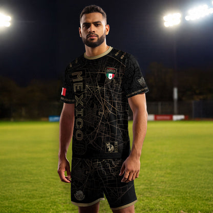 Mexico Soccer Jersey Black Gold City Map & Eagle Emblem