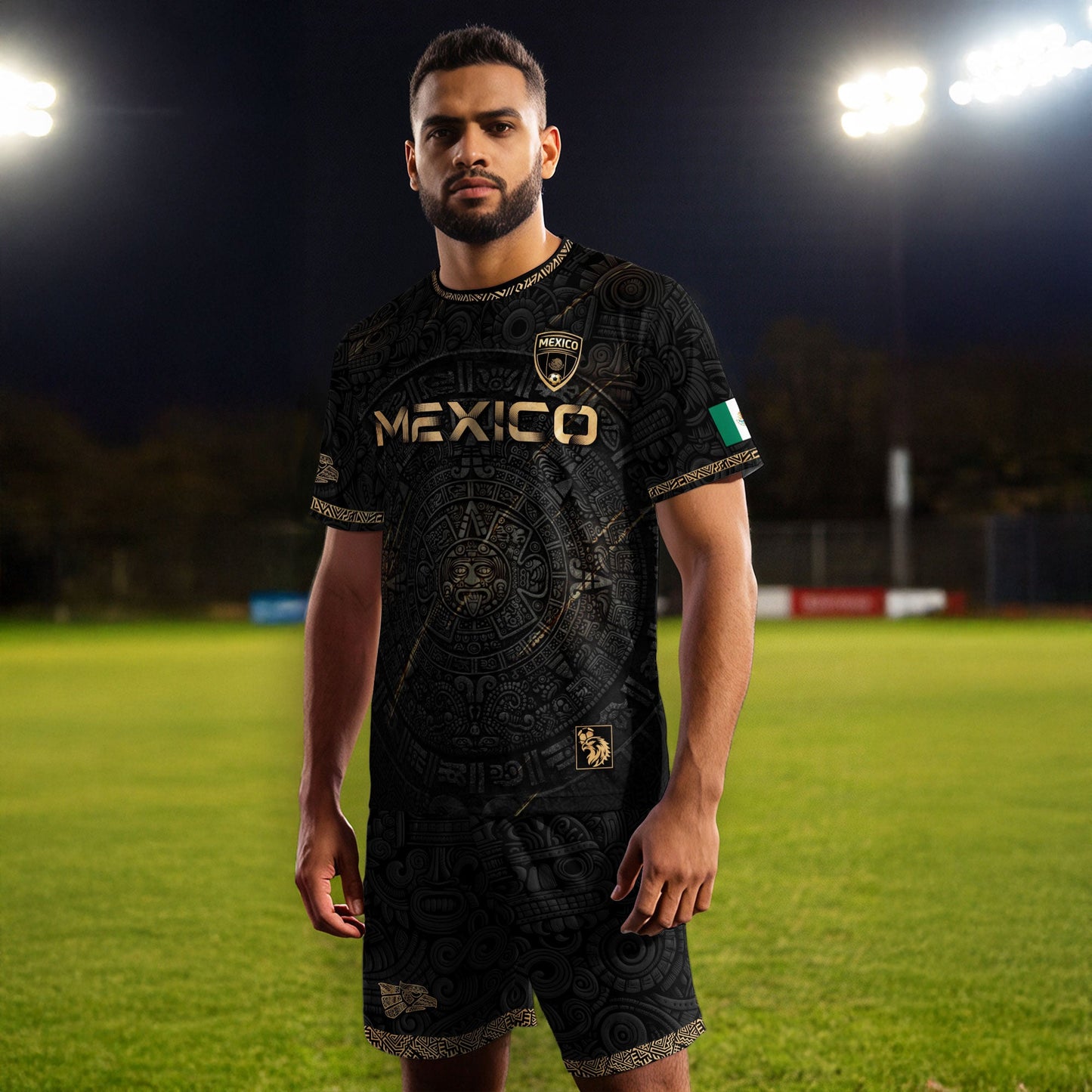 Mexico Black Gold Aztec Calendar Eagle Heritage National Football Soccer Jersey