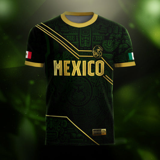 Mexico Soccer Jersey Black Green Gold Aztec Heritage Design