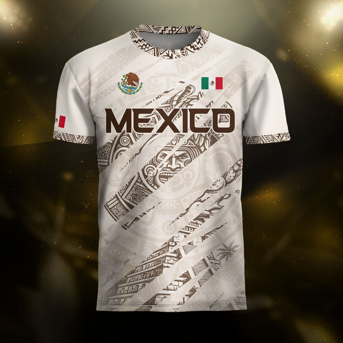 Mexico Beige Aztec Warrior Pyramid Heritage Mens Football Soccer Jersey