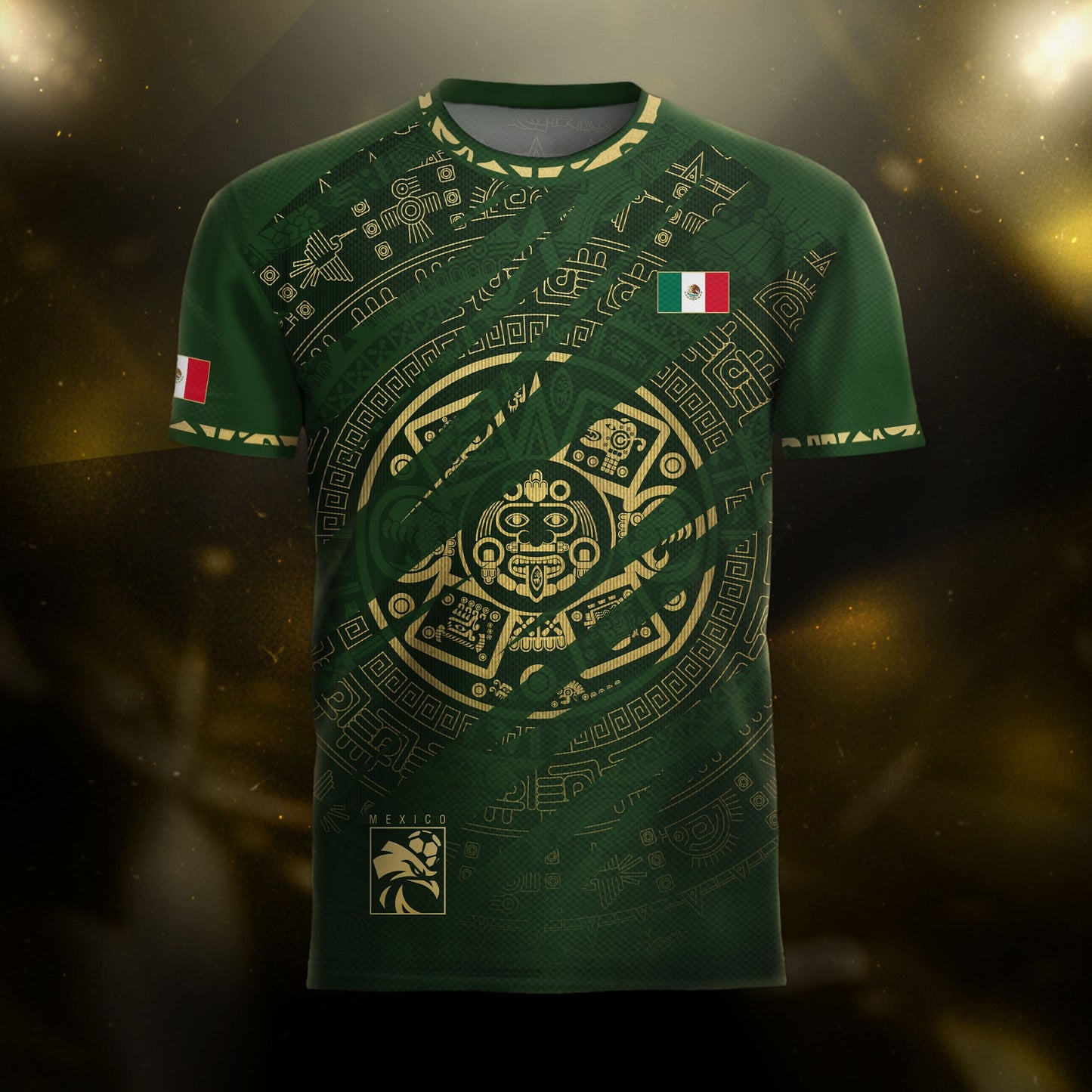 Mexico Green Gold Aztec Calendar National Pride Mens Football Soccer Jersey