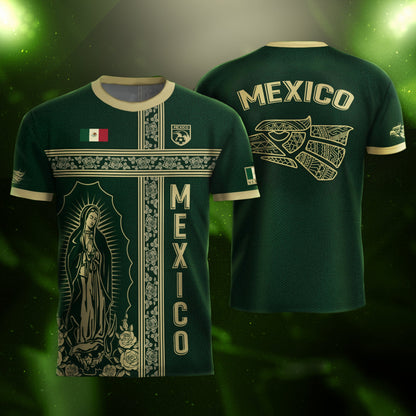 Mexico Soccer Jersey Green Gold Guadalupe Cross Design