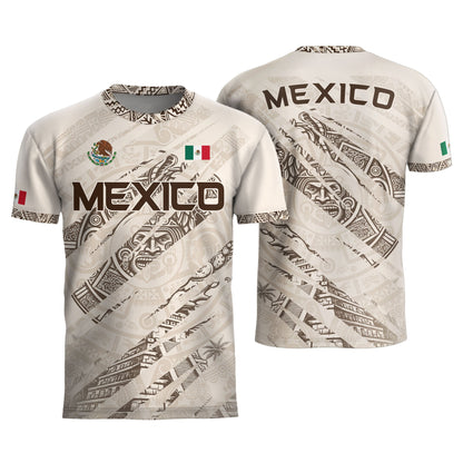Mexico Beige Aztec Warrior Pyramid Heritage Mens Football Soccer Jersey