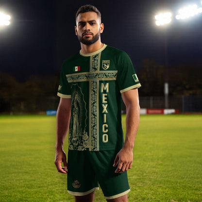 Mexico Soccer Jersey Green Gold Guadalupe Cross Design