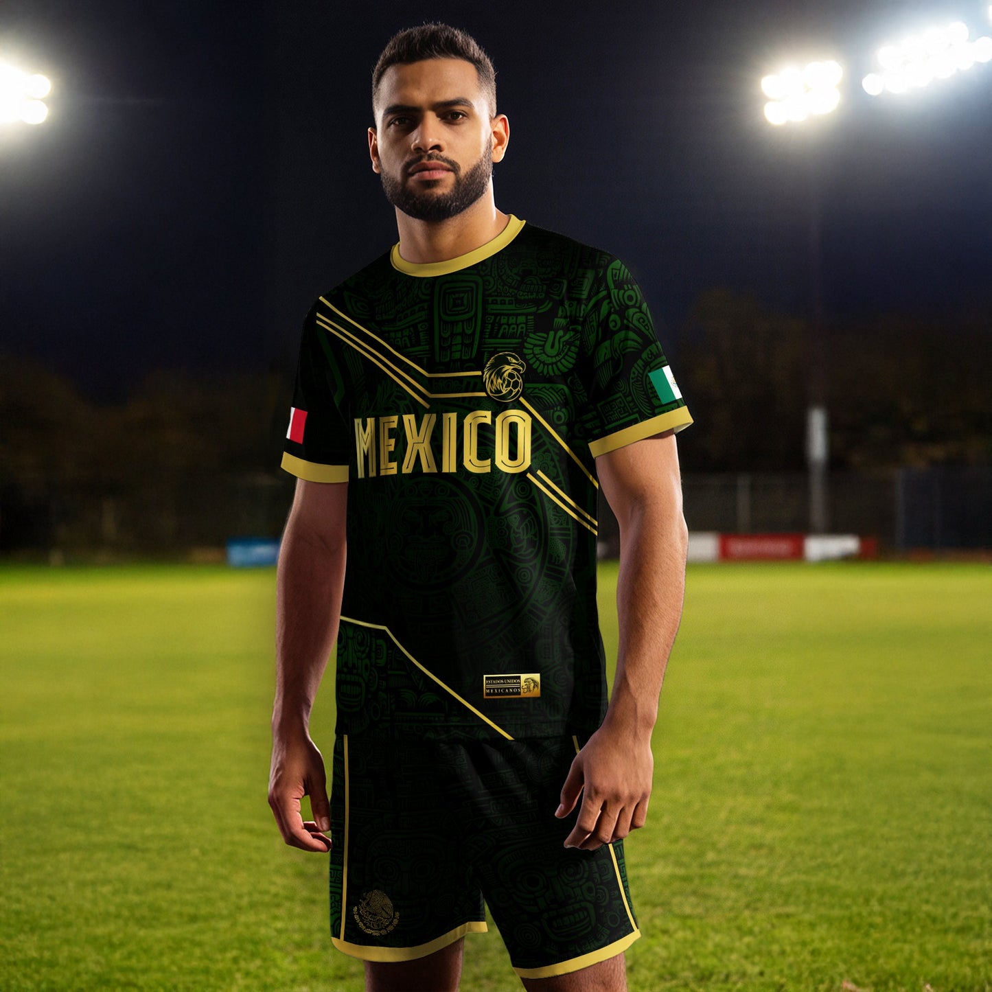 Mexico Soccer Jersey Black Green Gold Aztec Heritage Design