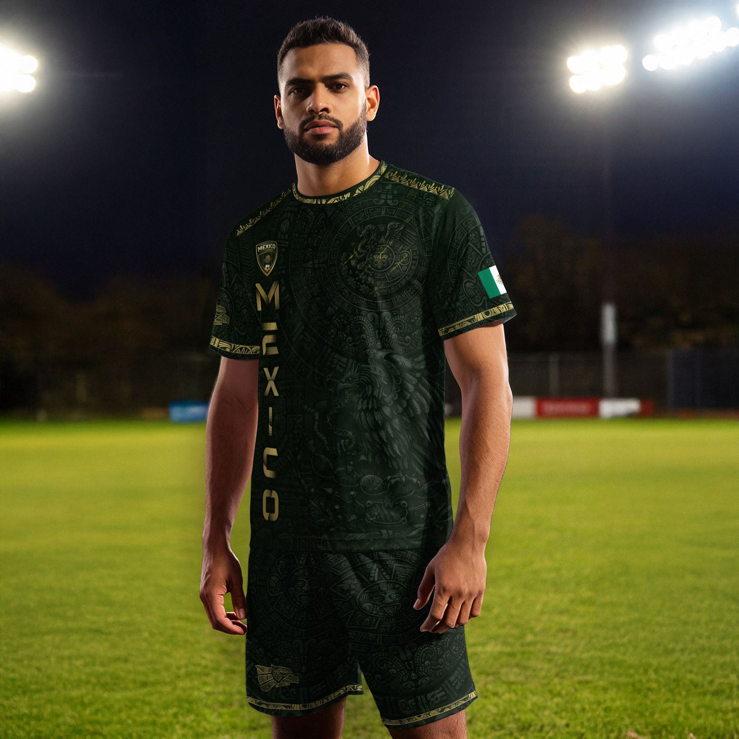 Mexico Dark Green Gold Aztec Calendar Sun God Heritage National Soccer Jersey