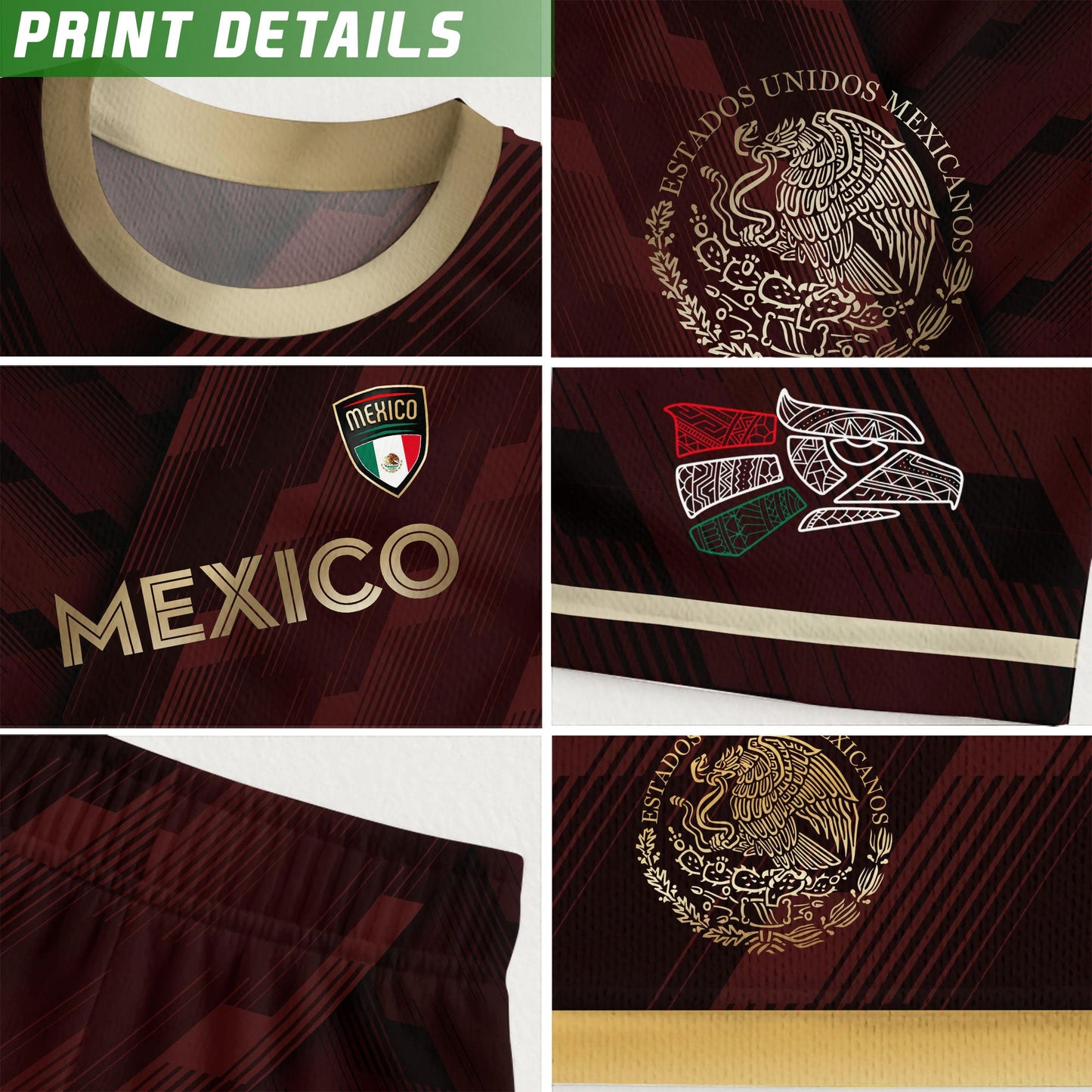 Mexico Burgundy Soccer Jersey with Golden Aztec Sunstone and Eagle Crest