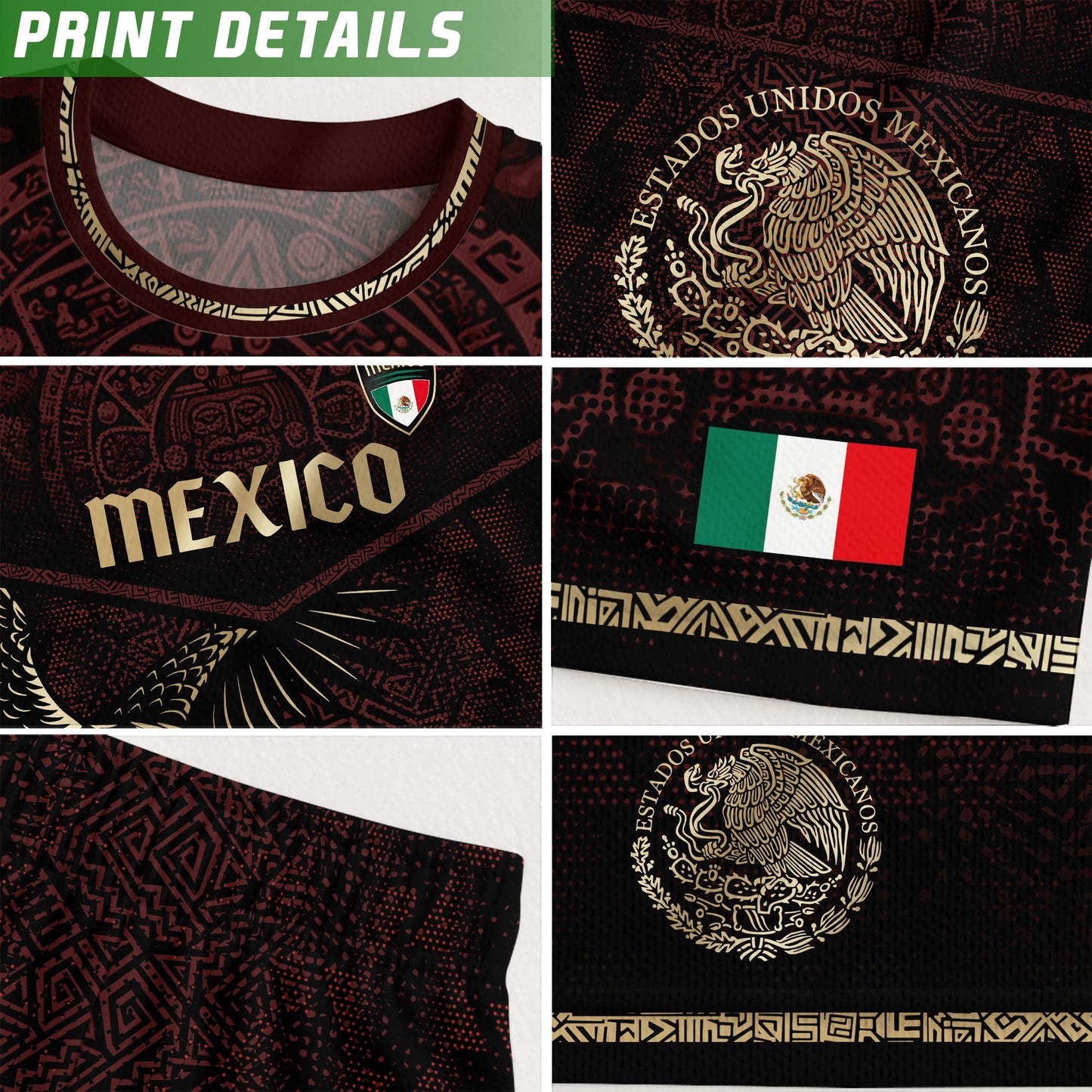 Mexico Soccer Jersey Maroon Gold Aztec Eagle & Serpent Design