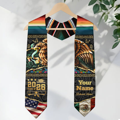 Custom Aztec Eagle Class of 2026 Graduation Stole – USA & Mexico Flag Personalized Senior Sash