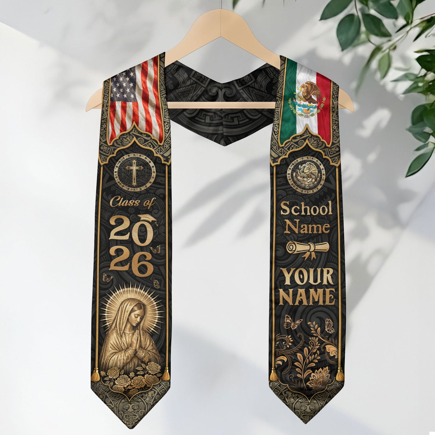Mexico Graduation Stole Custom Name Class of 2026 USA Flag Virgin Mary Heritage Sash