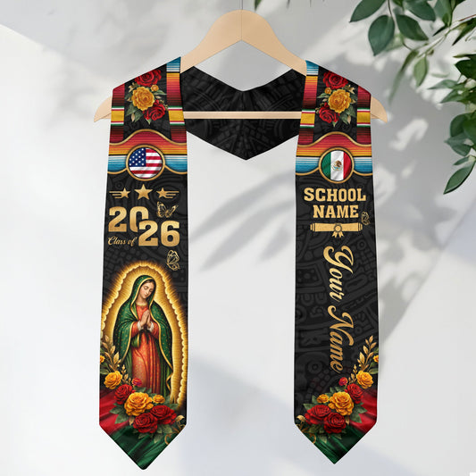 Mexican Graduation Stole 2026 – Virgin Mary, USA & Mexico Flag, Name & School Personalized Sash