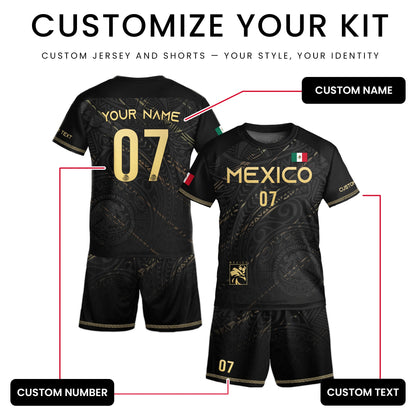 Custom Kids Mexico Soccer Jersey Black Gold Heritage Pattern Design