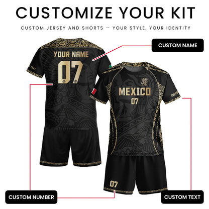 Custom Kids Mexico Soccer Jersey Black Gold Aztec Eagle Design