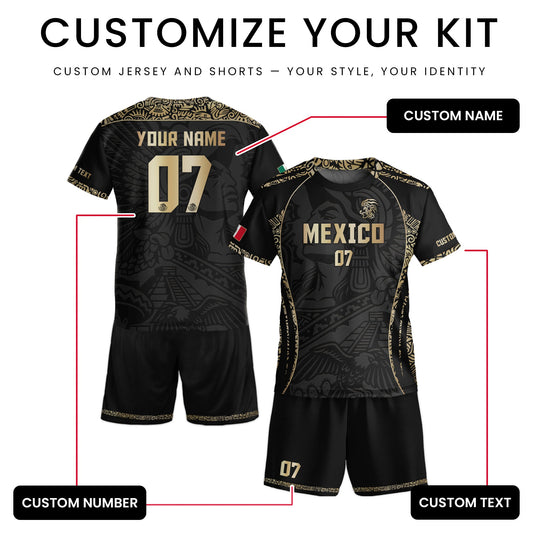 Custom Kids Mexico Soccer Jersey Black Gold Aztec Eagle Design
