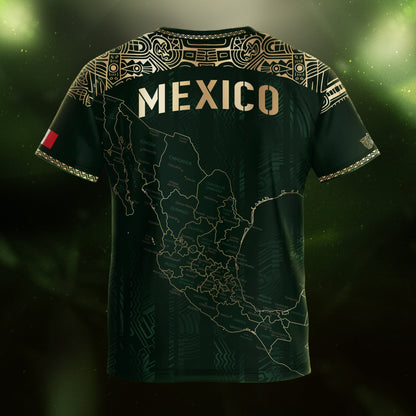 Mexico Kids Soccer Jersey Green Gold Map Aztec Design