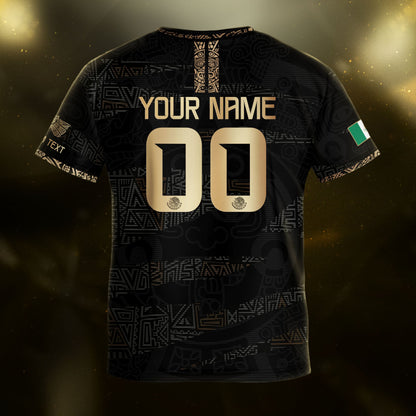 Custom Mexico Kids Soccer Jersey Black Gold Team Edition with Aztec Pattern