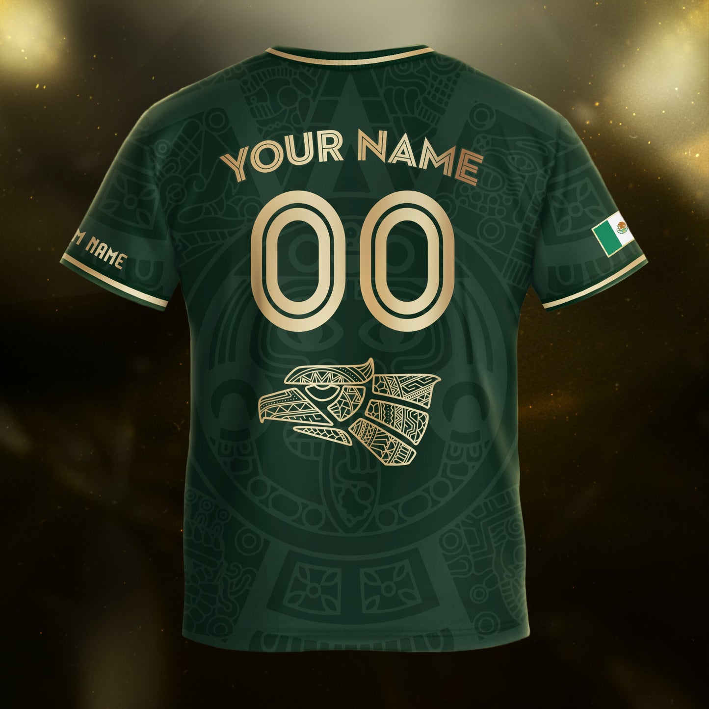 Custom Mexico Kids Soccer Jersey Green Gold Aztec Calendar Heritage Design