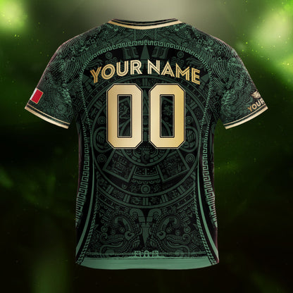 Custom Kids Mexico Soccer Jersey Dark Green Gold Aztec Calendar Design