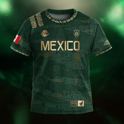 Mexico Kids Soccer Jersey Green Gold Aztec Pattern Crest Design