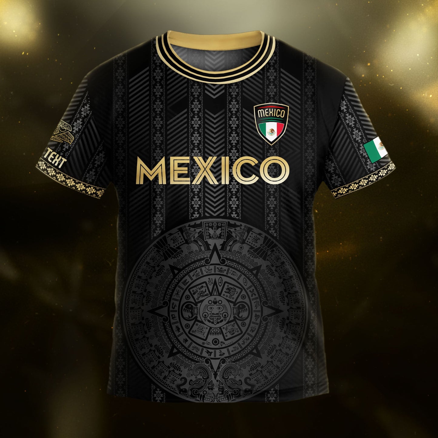 Custom Mexico Kids Soccer Jersey Black Gold Aztec Calendar Design